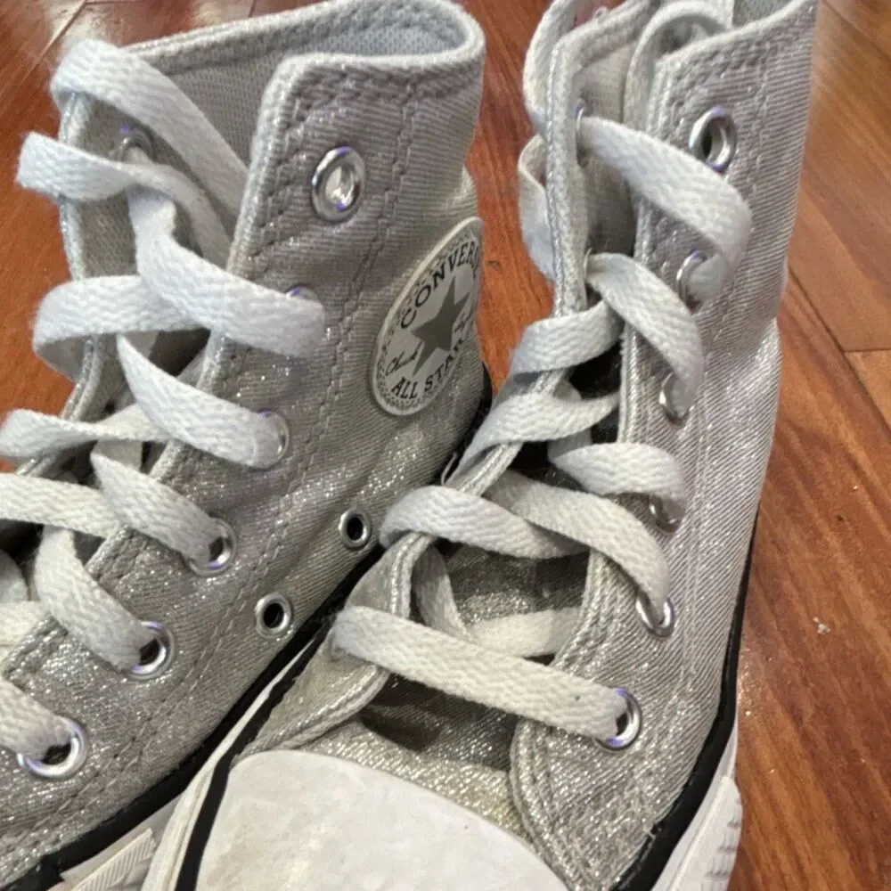 Converse Chuck Taylor All Star Hi Kids Silver Glitter Canvas High Top Sz 11.5